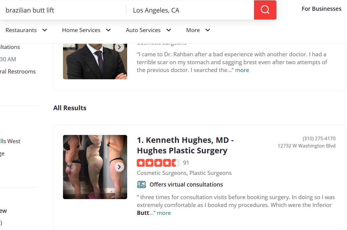Dr. Kenneth Hughes Selected as Best Brazilian Buttlift Surgeon in Los Angeles by Yelp